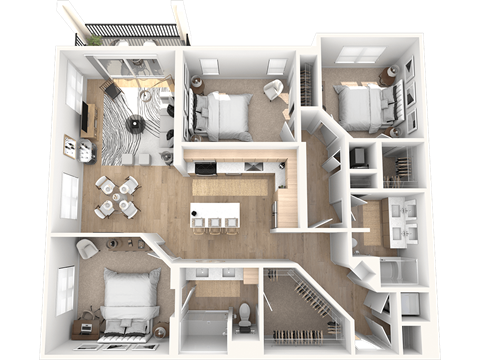 A 3D floor plan of a 3 bedroom 2 bathroom apartment with modern finishes, stainless steel appliances, and an open-concept living and dining area